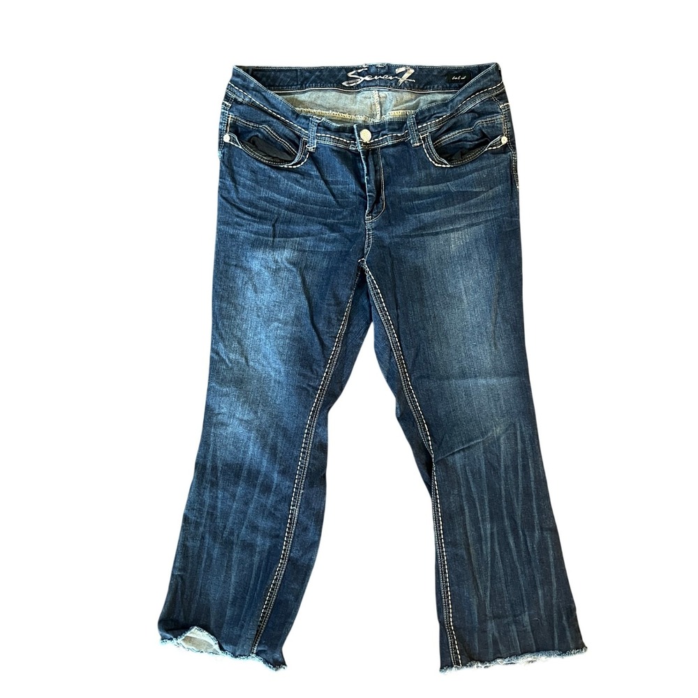 Seven7 Luxe Women 18 Dark Wash Bootcut Jeans Embroidered Raw Hem Contrast Stitch